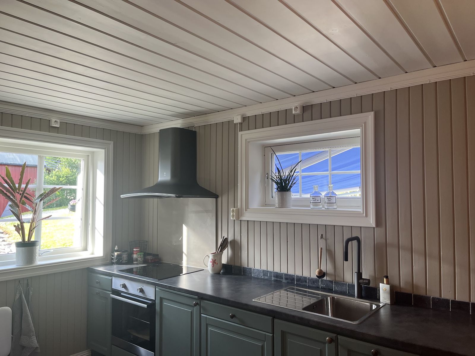 Geschilderde keuken met verticale houten wandbetimmering